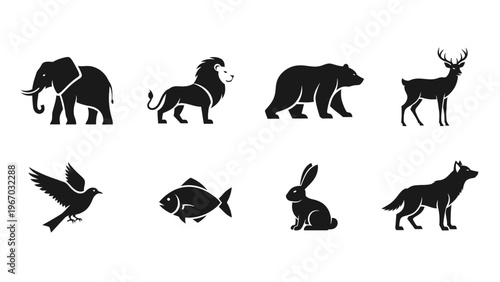 Collection of black silhouette animal icons featuring elephants lions bears deer birds fish rabbit
