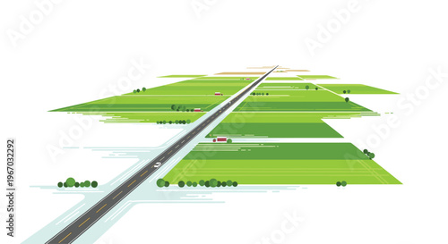 A long asphalt road extends through geometrically shaped green fields with scattered houses and trees under a white sky.