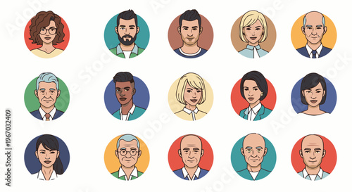 Diverse group of illustrated people's headshots in circular frames