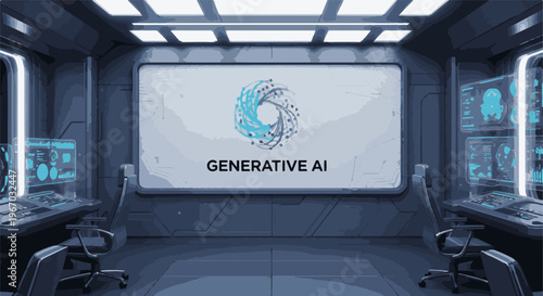 Futuristic control room with screens displaying data and a central generative AI logo
