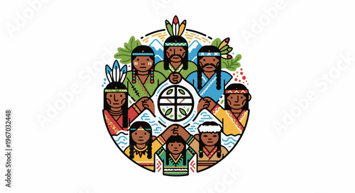 Diverse indigenous people in traditional attire form a circle around a symbolic inner circle