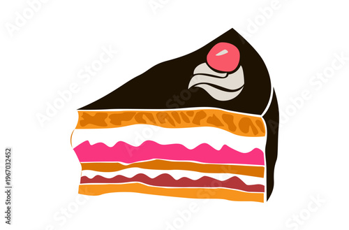 Sweet slice of layered cake with chocolate glaze and cherry topping. Bright pink and orange frosting adds cheerful contrast. Ideal for dessert themes, celebrations, or food-related designs