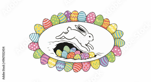 Easter bunny hopping out of a burrow surrounded by colorful eggs