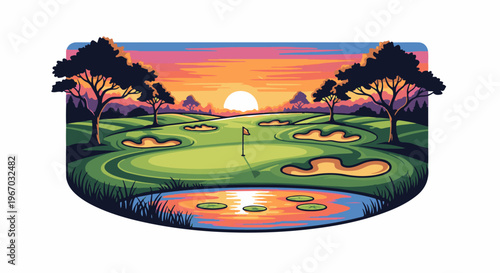 Golf course with serene sunset and tranquil pond