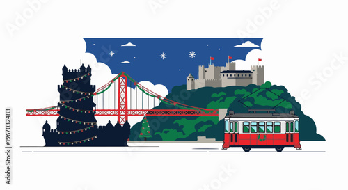 Festive cityscape with a vintage tram, decorated bridge, and ancient castle