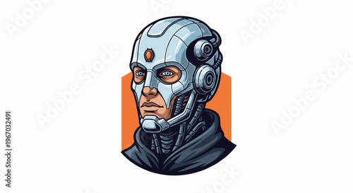 Futuristic cyborg bust with metallic helmet and visible mechanical components