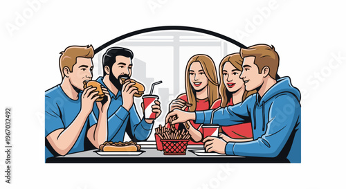 Friends enjoying fast food together at a table, smiling