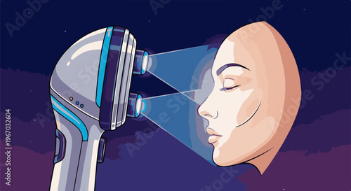 Futuristic device scans a serene face with glowing blue beams under starry sky