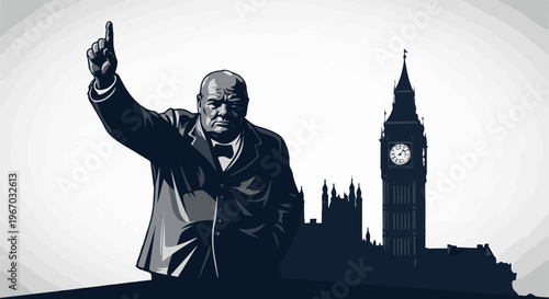 Iconic political leader stands resolutely with a prominent London landmark