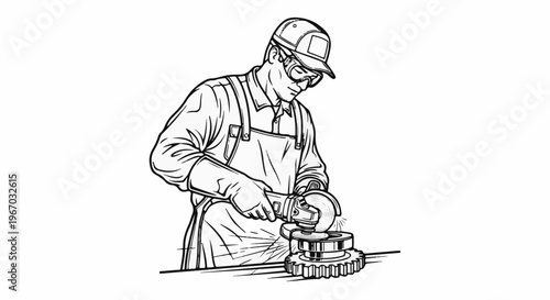 Male worker wearing protective gear uses an angle grinder on metal gears