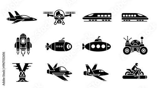 Collection of diverse black silhouette icons representing various modes of transportation and