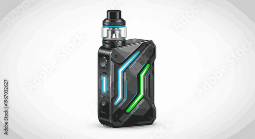 Futuristic electronic vaporizer with chrome accents and illuminated blue and green lights