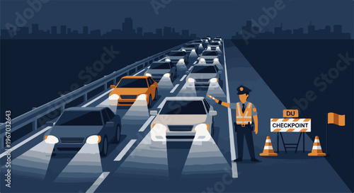 Nighttime traffic jam at a DUI checkpoint with a police officer directing cars