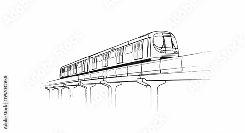 Futuristic elevated train glides along a suspended track