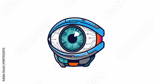 Futuristic eye-like robot with circuit board details and vibrant colors
