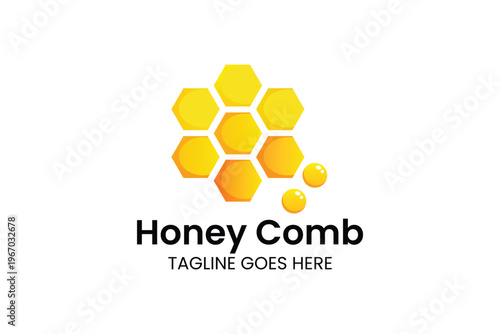 Vibrant honeycomb logo design with hexagonal pattern in yellow and orange hues, featuring a sleek, modern typography for 'Honey Comb' and a tagline placeholder.