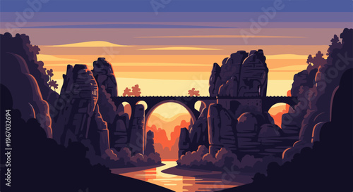 Pixel art landscape of a bridge over a river at sunset