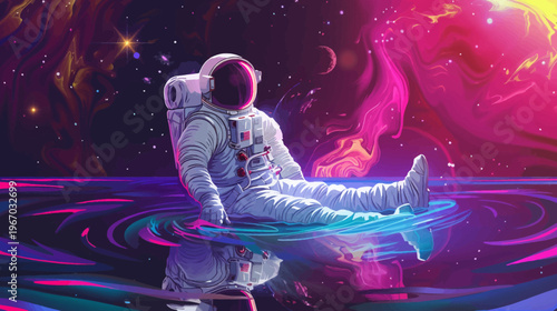 Astronaut relaxing in a colorful cosmic sea illustration with vibrant colors