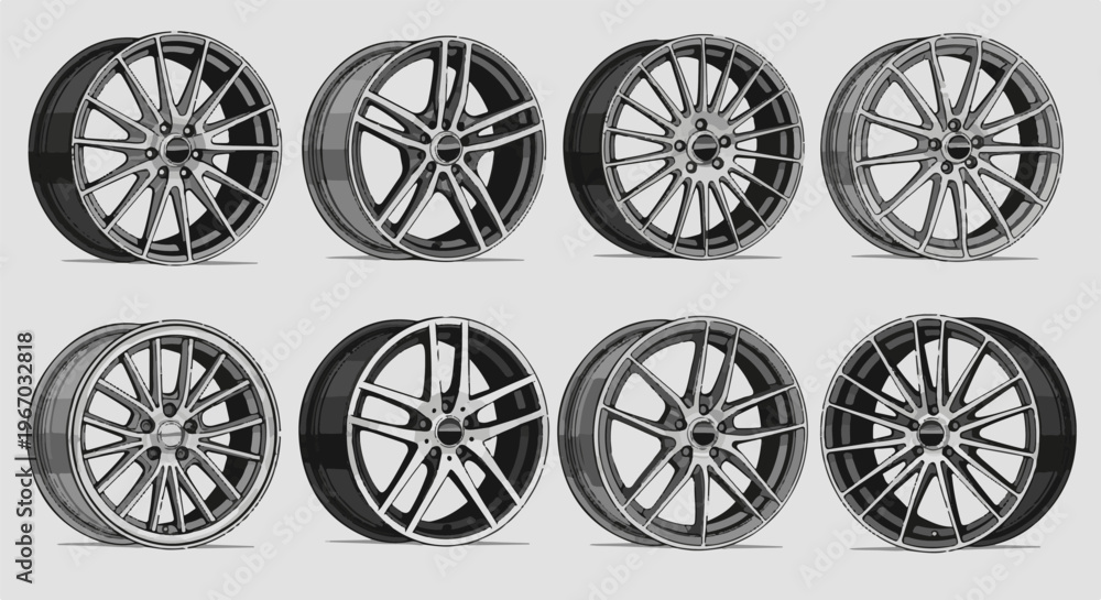 Fototapeta premium Eight distinct car wheel designs arranged in two rows of four each