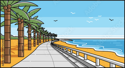 Scenic beachside pathway lined with palm trees and gentle waves