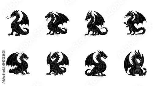 Collection of Eight Different Black Silhouettes of Medieval Style Dragons with Varied Postures and