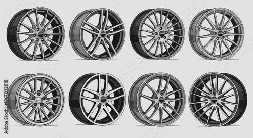 Eight distinct car wheel designs arranged in two rows of four each