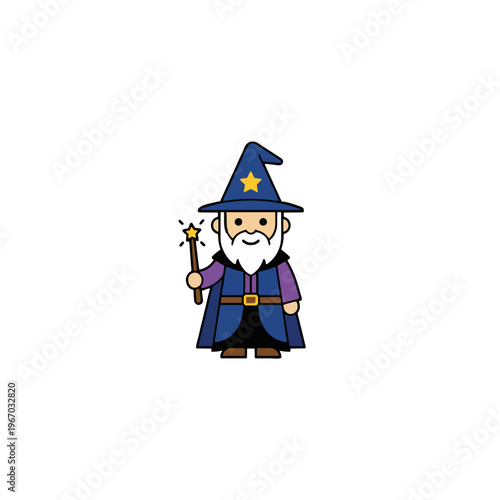 Cartoon Wizard Character with Magic Wand - Cute Sorcerer Vector Illustration, Fantasy, Fairy Tale, Blue Hat, Costume, Isolated on White Background, Full Body, Simple, Colorful