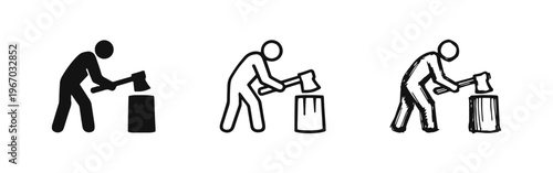 Wood Chopping Icon Set: Lumberjack Axe Work on a Log, in Silhouette, Outline, and Hand-Drawn Artistic Renditions