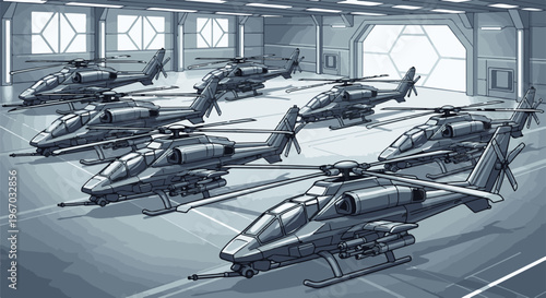 Futuristic hangar filled with advanced military attack helicopters ready for deployment
