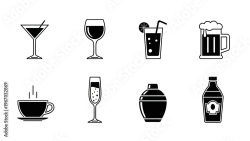 Collection of eight minimalist black and white icons representing various alcoholic beverages and
