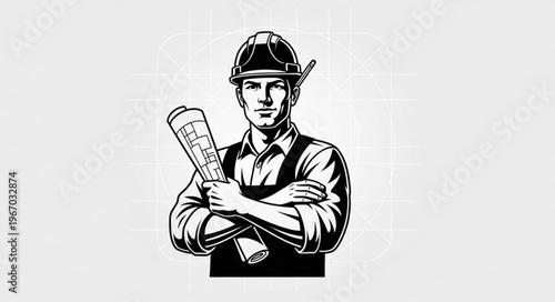Construction worker holding blueprints with crossed arms.
