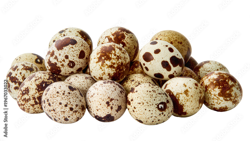 Obraz premium Pile of speckled quail eggs, isolated on transparent background