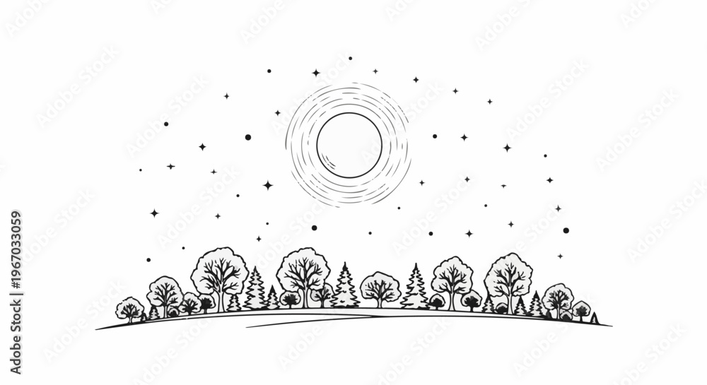 Fototapeta premium Stylized line art depicting a wooded landscape under a starry sky with a circular, textured sun