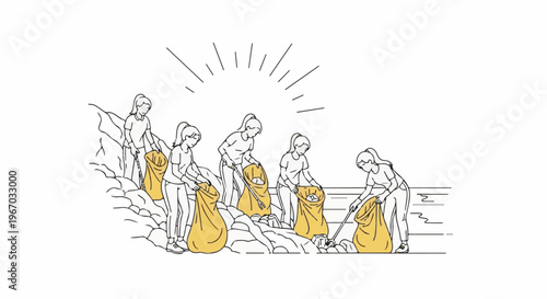 Stylized illustration of people cleaning a rocky area with yellow bags