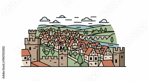 Stylized illustration of a medieval town with a castle and rolling hills