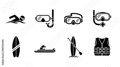 Collection of essential snorkeling and scuba diving equipment icons in black flat design