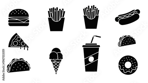 Collection of fast food icons including burgers fries pizza ice cream and donuts simple black