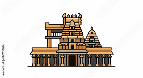 Stylized Indian temple with multiple tiered towers and columns