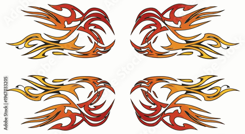 Four fiery tribal flame designs in red, orange, and yellow hues