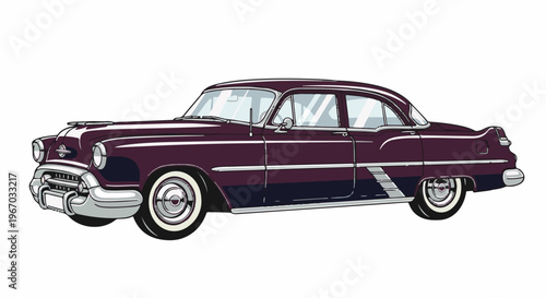 Vintage maroon four-door sedan with chrome accents and whitewall tires
