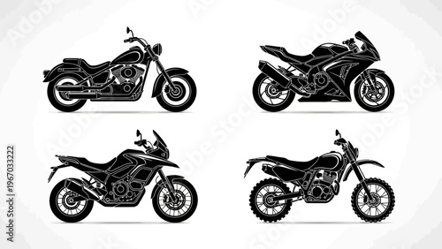 Collection of four black and white motorcycle silhouettes showcasing different styles and models