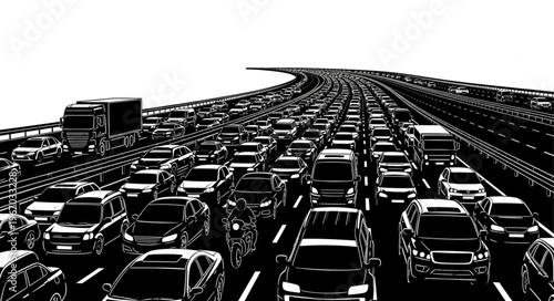 Heavy traffic jam on a multi-lane highway with many cars.