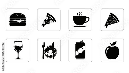 Collection of Food and Beverage Icons Including Pizza Coffee and Apple