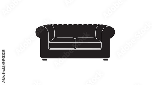 Sofa chesterfield black icon with two cushions and rolled arms, isolated on a white background featuring couch, silhouette, furniture with seating