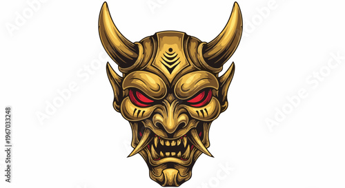 Golden oni mask with red eyes, fangs, and horns, pixel art