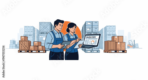 Warehouse workers analyze inventory data on a laptop and tablet