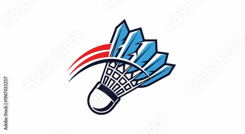 Dynamic shuttlecock logo with red, white, and blue streaks