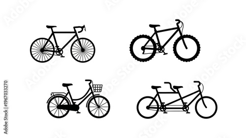 Collection of four different types of bicycles including mountain bike city bike tandem and hybrid