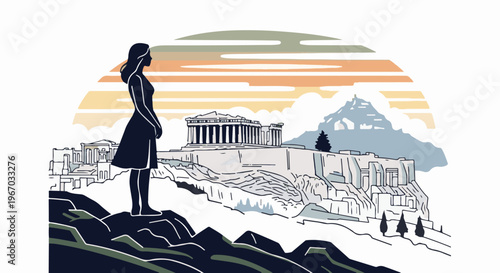 Woman observes ancient ruins on a cliff under a striped sunset