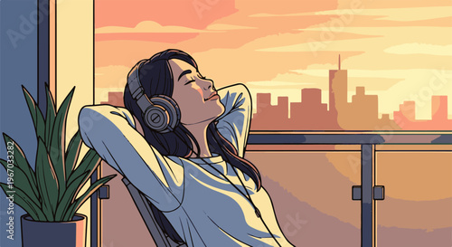 Woman with headphones enjoying sunset over city skyline